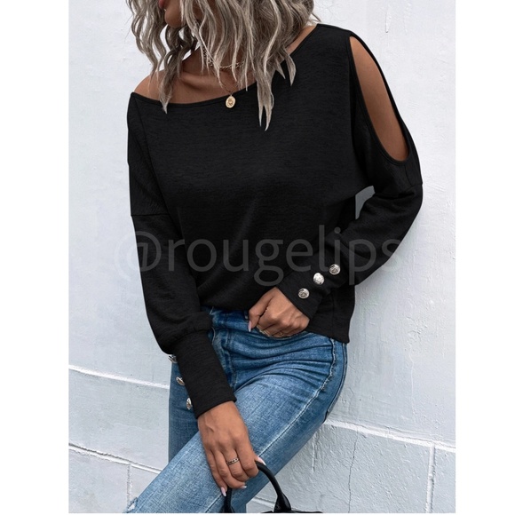 Rouge! Tops - Black One Cold Shoulder Asymmetric Boat Neck Long Sleeve Tee Shirt